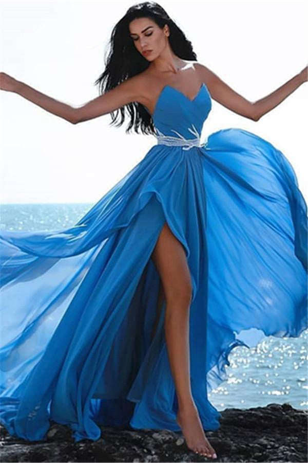 Trendy Blue Chiffon Sweetheart Crystals Side Slit Prom Gowns JTE549