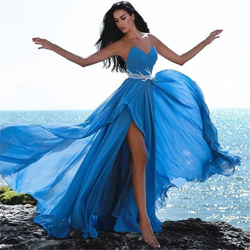 Trendy Blue Chiffon Sweetheart Crystals Side Slit Prom Gowns JTE549