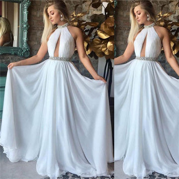 Trendy A-line High Neck White Chiffon Beading Evening Gowns JTE550
