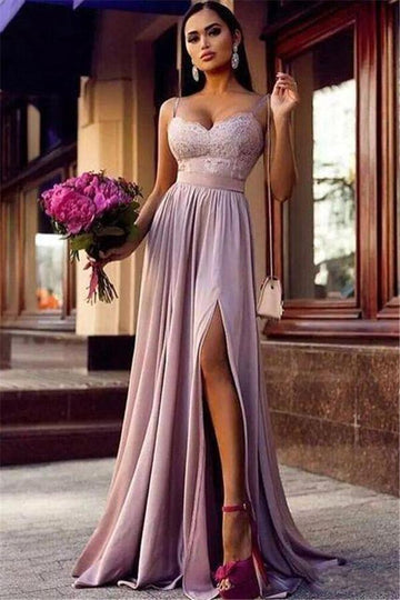 A-line Pink Straps Lace Slit Formal Evening Gown JTE551