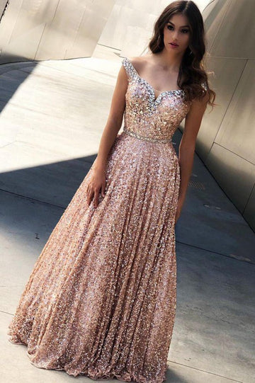 Trendy A-line Rose Gold Sequins Off-the-Shoulder Bling-bling Prom Gown JTE555