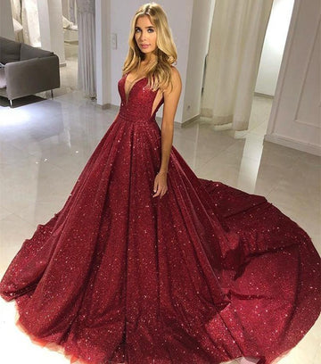 Trendy Princess Burgundy Straps Bing-Bling V-Neck Prom Gown JTE557