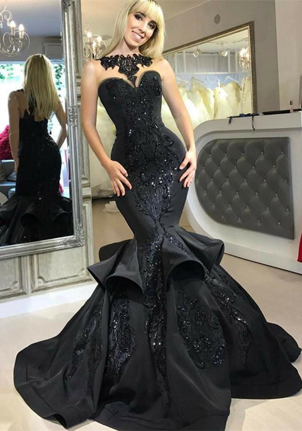 Trendy Black Beading Lace Ruffles Mermaid Evening Gown JTE560