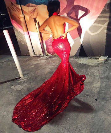 Trendy Red Deep V-Neck Sequins Appliques Mermaid Evening Gown JTE564