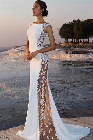 Trendy White Lace Appliques Straps Sheath Evening Gown JTE565