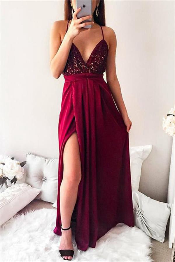 Burgundy V-neck Straps Sequins Top Side Slit Prom Gown JTE568