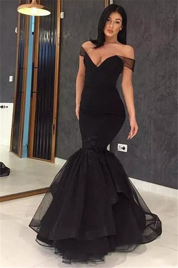 Trendy Black Off-the-Shoulder Mermaid Evening Gown JTE571