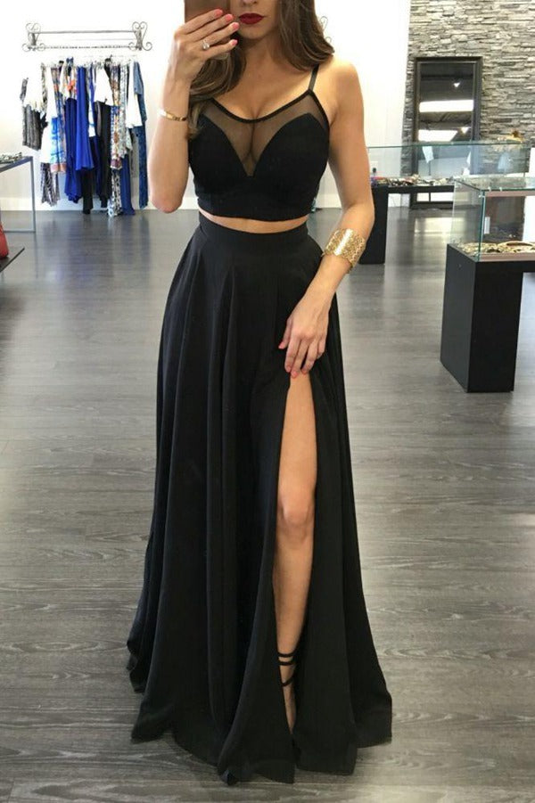 Black Spaghetti Strap Illusion Two Piece Split Prom Gown JTE573