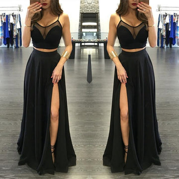 Black Spaghetti Strap Illusion Two Piece Split Prom Gown JTE573