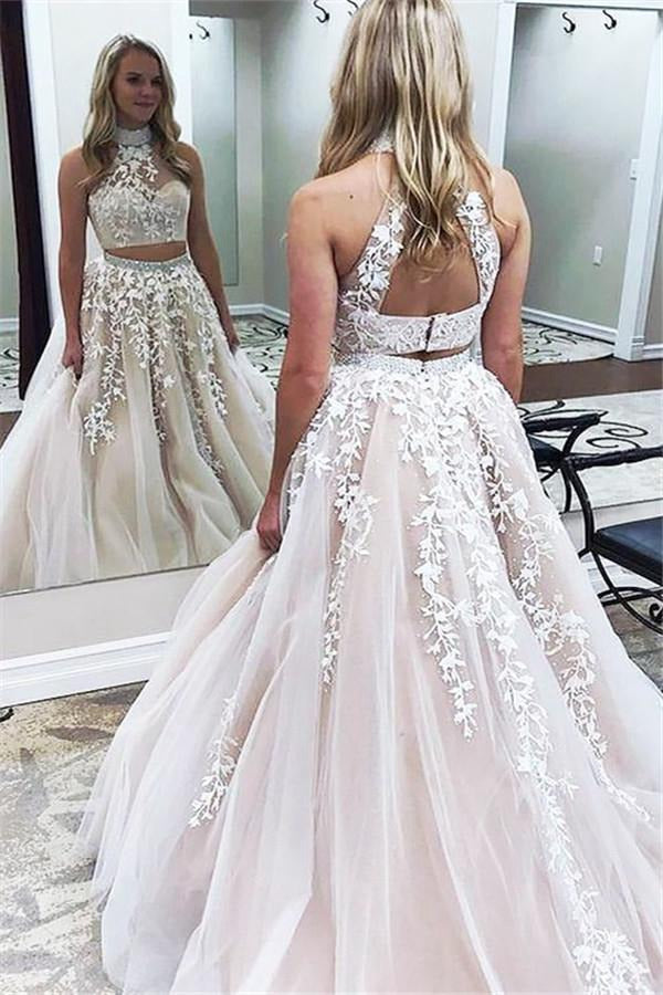 Junior Pink High Neck Two Piece Lace Applique Prom Gown JTE575