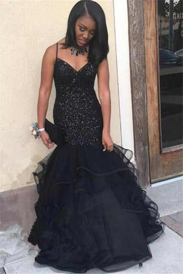 Trendy Black Sequin Straps Junior Mermaid Evening Gown JTE577