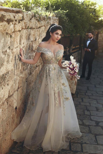 Trendy A-line Off-the-Shoulder Tulle Lace Appliques Prom Gown JTE585