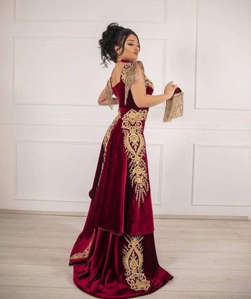 Trendy Velvet Burgundy Tassel Gold Appliques Mermaid Evening Gown JTE587