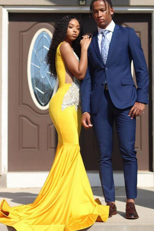 Trendy Yellow Lace Appliques Mermaid Evening Gown JTE590