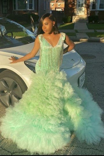 Trendy Green V-Neck Fur Train Mermaid Evening Gown JTE591