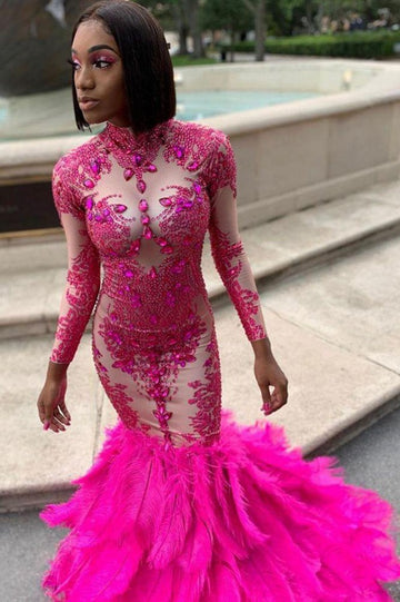 Trendy Fuchsia Long Sleeve High Neck Crystals Appliques Mermaid Prom Gown JTE594