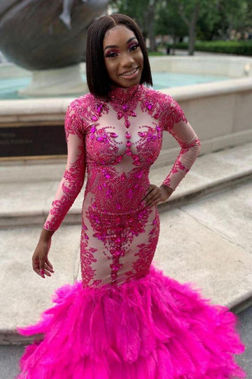 Trendy Fuchsia Long Sleeve High Neck Crystals Appliques Mermaid Prom Gown JTE594