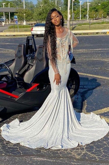 Trendy White Long Sleeves Beading Mermaid Evening Gown JTE596