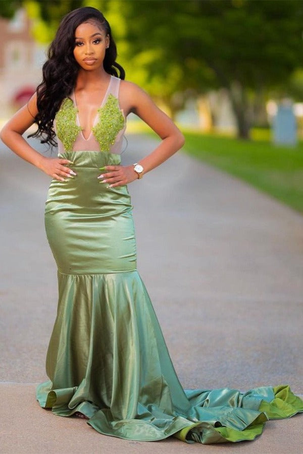 Trendy Green Appliques Long Sleeve Mermaid Evening Gown JTE599