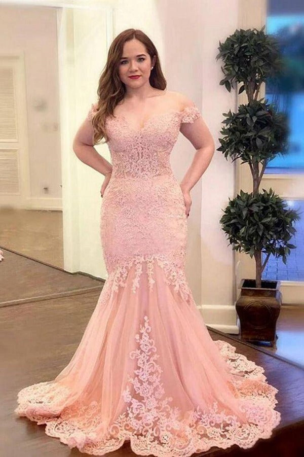 Trendy Plus Size Off The Shoulder Pink Lace Appliques Mermaid Evening Gown JTE601