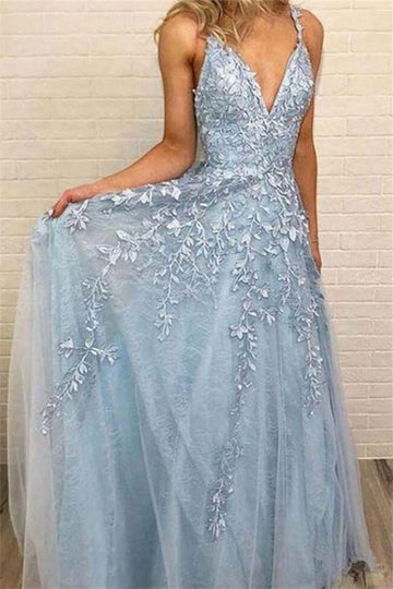 Trendy A Line Sky Blue Lace Deep V-neck Evening Gown JTE602