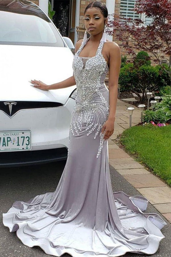 Trendy Halter Sparkle Crystal Sliver Mermaid Evening Gown JTE604