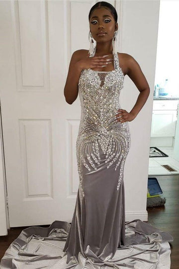 Trendy Halter Sparkle Crystal Sliver Mermaid Evening Gown JTE604