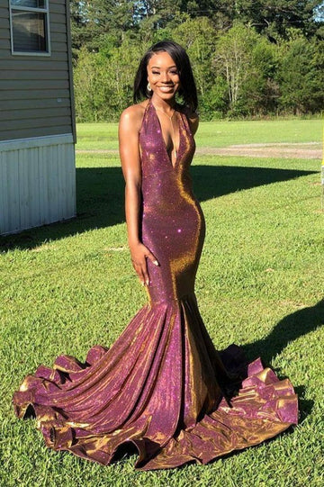 Trendy Sexy V-neck Sparkle Purple Mermaid Evening Gown JTE606