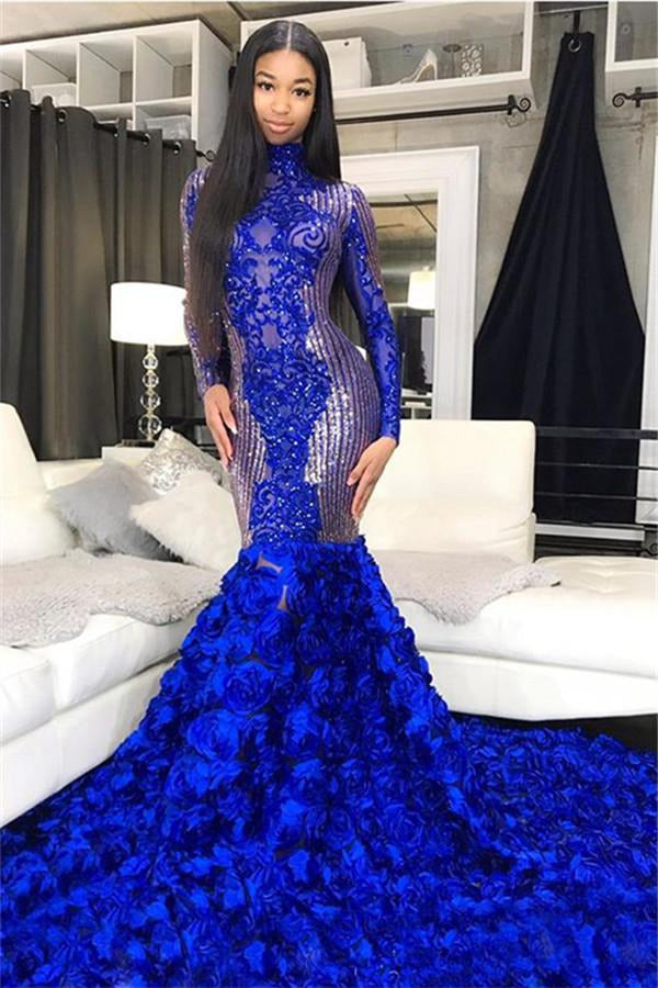 Sparkle Sequins Blue Appliques High Neck Long Sleeve Mermaid Evening Gown JTE607
