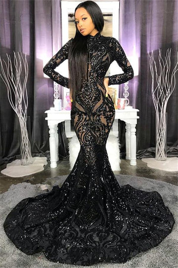 Trendy Black High Neck Sparkle Long Sleeves Mermaid Evening Gown JTE608