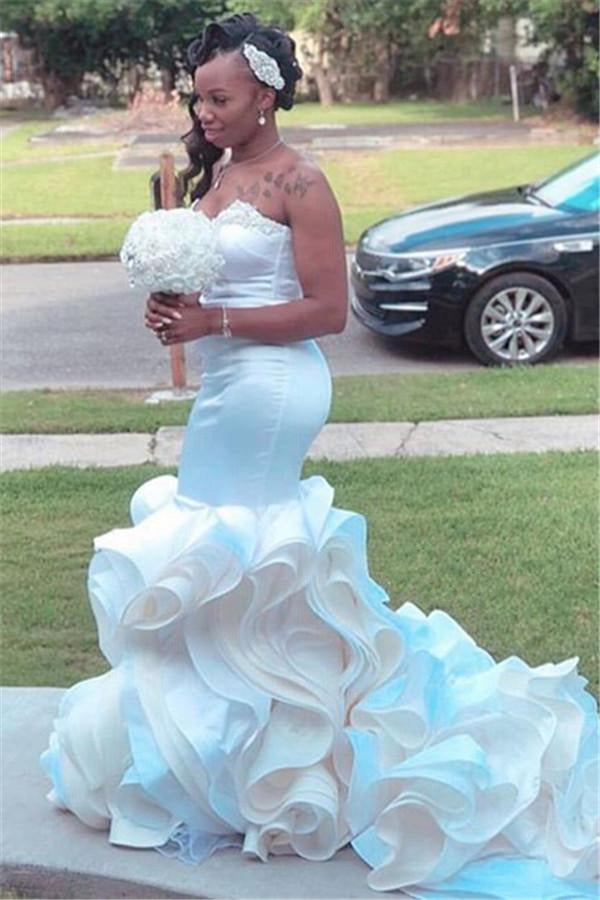 Plus Size White Sweetheart Appliques Ruffles Mermaid Evening Gown JTE609