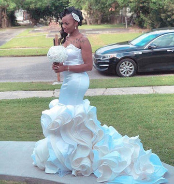 Plus Size White Sweetheart Appliques Ruffles Mermaid Evening Gown JTE609