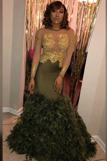 Plus Size Long Sleeves Feather Illusion Dusty Green Mermaid Evening Gown JTE610