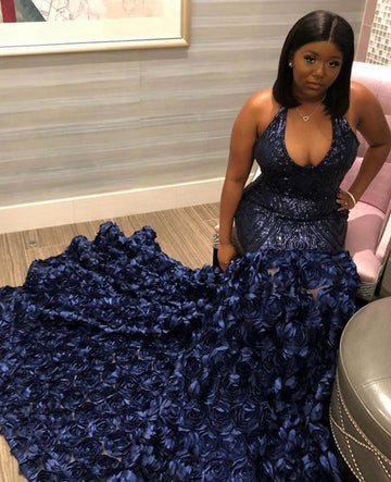 Trendy Plus Size Halter Navy Sweep Train Mermaid Evening Gown JTE612