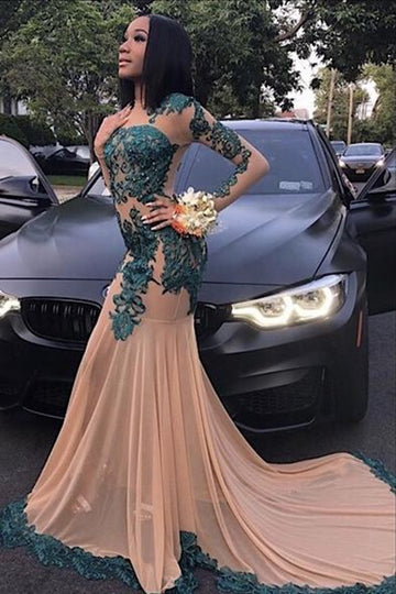 Trendy Pearl Pink Lace Applique Long Sleeve Mermaid Evening Gown JTE615