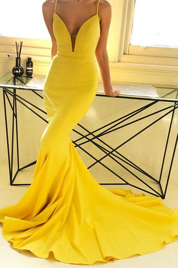 Trendy Straps Yellow Deep V-neck Mermaid Evening Gown JTE616