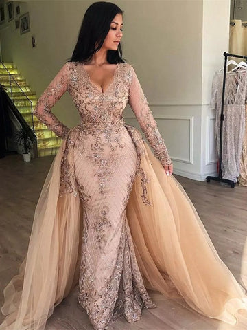Trendy Champagne Long Sleeve Detachable Overskirt Mermaid Evening Gown JTE617
