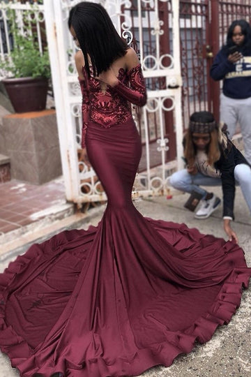 Trendy Burgundy Long Sleeve Mermaid Evening Gown JTE618