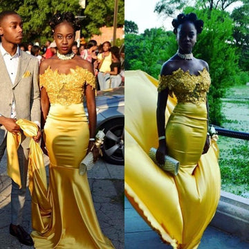 Trendy Yellow Plus Lace Applique Mermaid Evening Gown JTE625
