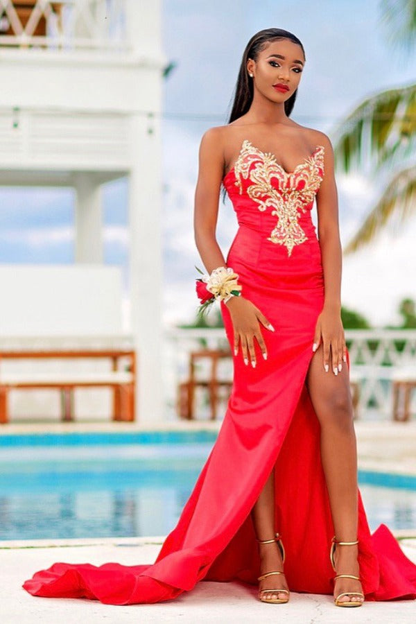 Trendy Red Sweetheart Slit Sheath Prom Gown JTE629