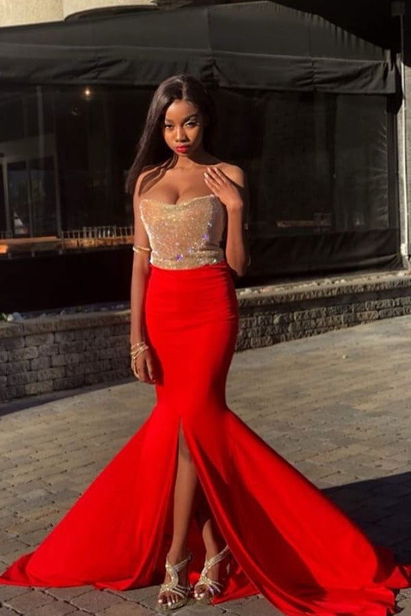Trendy Red Front Slit Mermaid Prom Gown JTE630