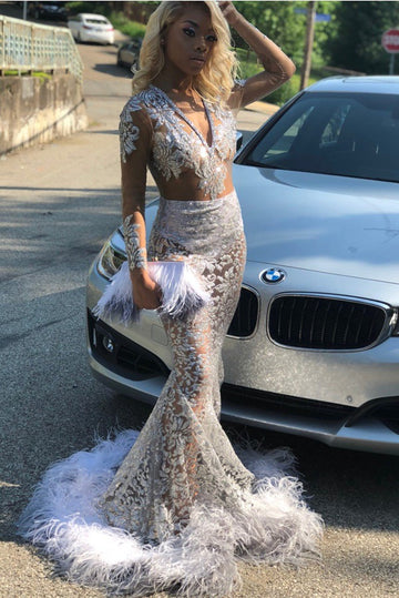 Silver V-neck Long Sleeves Luxurious Mermaid Evening Gowns JTE247
