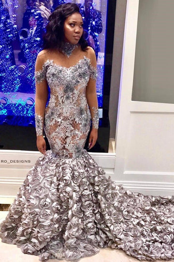 Trendy Plus Size Lace Applique Portrait Mermaid Prom Gown JTE631