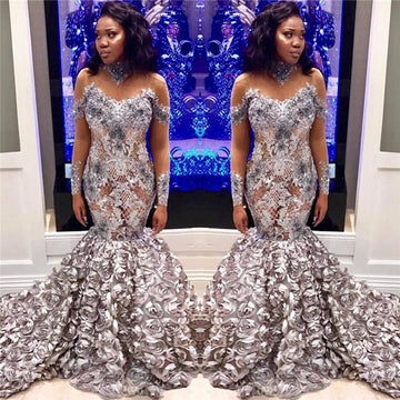 Trendy Plus Size Lace Applique Portrait Mermaid Prom Gown JTE631