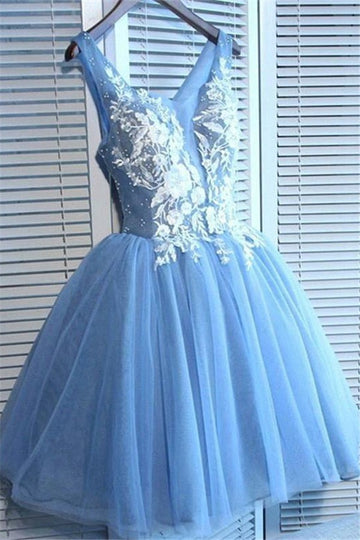 Trendy Blue V Neck Short Homecoming Dress JTRE004