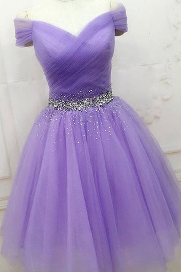 Trendy Lilac Off Shoulder Short Purple Prom Dress JTRE007