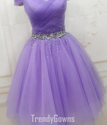Trendy Lilac Off Shoulder Short Purple Prom Dress JTRE007