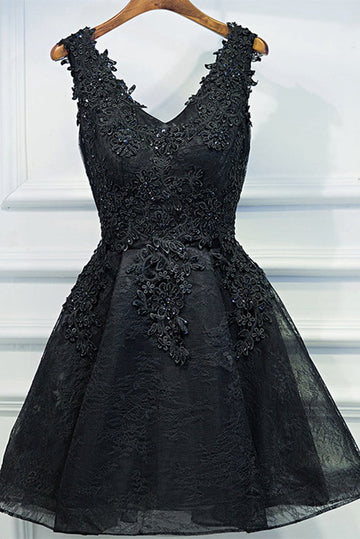 Trendy Black V Neck Junior Short Lace Prom Dress JTRE009