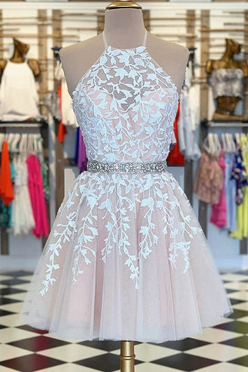 Trendy Halter Short Junior Lace Prom Dress JTRE012