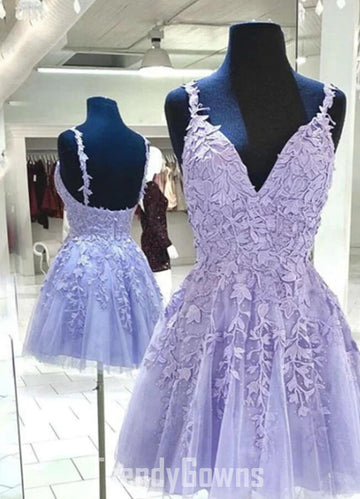 Trendy Lilac Short V Neck Junior Lace Prom Dress JTRE013